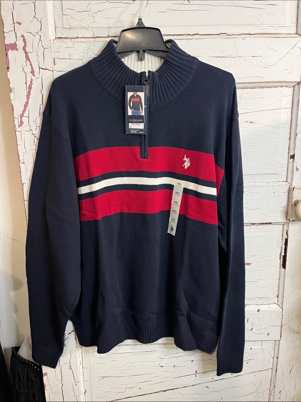 NWT U.S. Polo Assn. Navy Quarter Sweater Red White Stripes MSRP $70 XXL